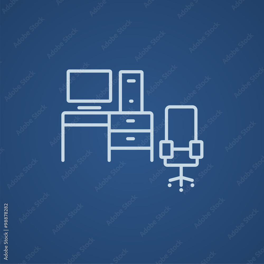 Poster computer set with table and chair line icon.