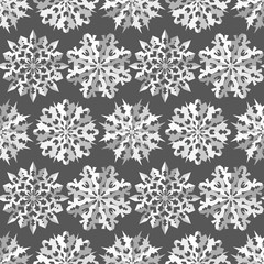 Seamless christmas pattern. Origami paper cut out three-dimensional snowflakes with shadow. White signs on gray background. Winter, New Year texture. Vector