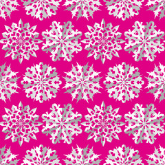 Seamless christmas pattern. Origami paper cut out three-dimensional snowflakes with shadow. White signs on magenta, pink background. Winter, New Year texture. Vector