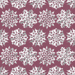 Seamless christmas pattern. Origami paper cut out three-dimensional snowflakes with shadow. White signs on rose pastel background. Winter, New Year texture. Vector