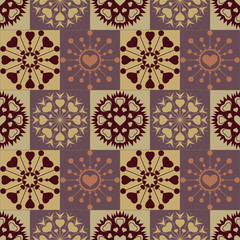 Christmas seamless pattern of heart snowflakes. New Year, Valentine day, birthday texture. Unusual stylized ornament. Brown, gray, orange colored background. Winter, coffee, chocolate theme. Vector