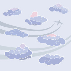 Fototapeta premium Clouds icon set. Sky pattern. Templete with clouds and plane signs. Colored icons on grey background. Vector isolated