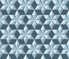 Seamless christmas pattern. Crystal snowflakes. Light 3d silhouettes on gray blue background. Winter, holiday, sale theme texture. Vector illustration