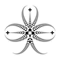 Fototapeta na wymiar Laurel, wreath tattoo. Clover, trefoil sign with crosses. Three-leaved black ornament. Ireland, Saint Patrick, defense, belief, glory symbol. Vector isolated