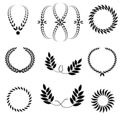 Laurel wreath tattoo set. Black ornaments, nine signs on white background.  Victory, peace, glory symbol. Vector