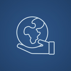 Hand holding the Earth line icon.
