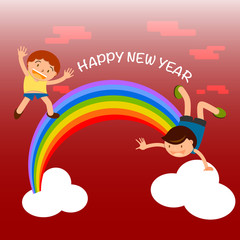 happy kids playing over the rainbow and greeting Happy New Year