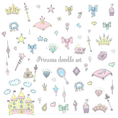 Hand-Drawn Vintage Princess Girl Set, Doodle Design Elements, Sketchy Fairy Tale Princess Tiara Crown Notebook, Vector Illustration, for design and scrapbook, castle, diamond, fairy mirror, magic wand © natashapankina