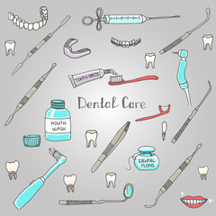 Hand drawn sketchy vector dental care icons Health symbols Medical, doctor and dentist office symbols Oral care Dentist office Tooth health Dentist instruments doodle icons Sketch Brilliant smile