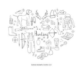 Hand drawn doodle hunting set Vector illustration Sketchy hunt related icons Hunting elements Hunting dog Gun Crossbow Hunting wear cloths Boots Plastic sitting duck Binoculars Deer Outdoor activity