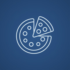 Whole pizza with slice line icon.