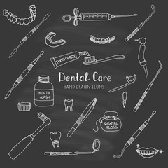 Hand drawn sketchy vector dental care icons Health symbols Medical, doctor and dentist office symbols Oral care Dentist office Tooth health Dentist instruments doodle icons Sketch Brilliant smile
