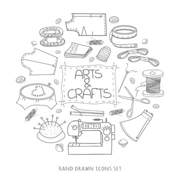 Hand drawn vector sewing, needlework, knitting icons set Sewing doodle collection illustration Hand made craft supplies Accessories for sewing Vector sewing equipment Arts and crafts Tailor tools 
