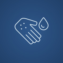Hand with microbes line icon.