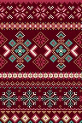 Pixel bright seamless pattern with stylized winter nordic ornament. Vector illustration.