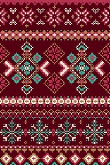 Pixel bright seamless pattern with stylized winter nordic ornament. Vector illustration.