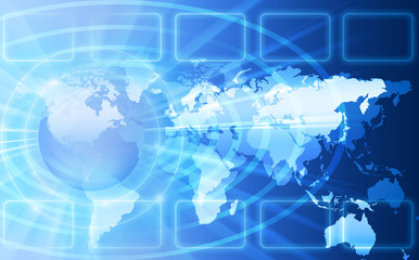 World map on a technological background, glowing lines symbols of the Internet, radio, television, mobile and satellite communications