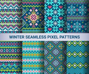 Collection of pixel bright seamless patterns with stylized winter nordic ornament. Vector illustration.