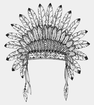 Native American indian headdress with feathers in sketch style.