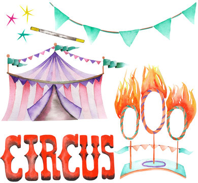 A watercolor isolated circus set with the hand drawn elements: a garland of flags, fire rings and circus tent. Painted on a white background.