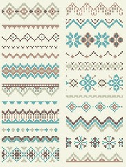 Collection of pixel retro brush templates with stylized winter Nordic ornament. Vector illustration.