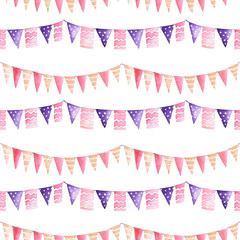 Obraz premium Watercolor seamless pattern with the garland of the purple and pink flags painted on a white background