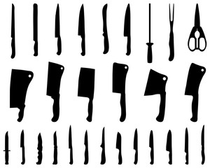 Silhouettes of kitchen knives and cleavers, vector