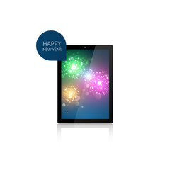 Realistic vector of Tablet with Fireworks Background. Happy New Year
