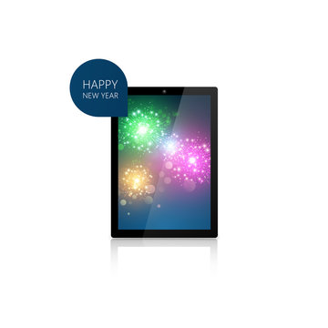 Realistic vector of Tablet with Fireworks Background. Happy New Year
