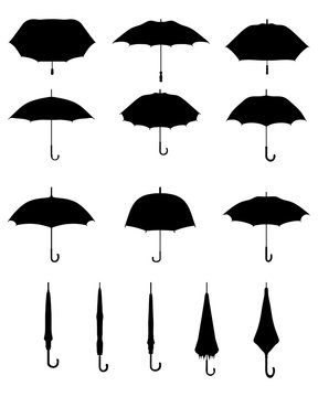 Black silhouettes of open and closed umbrellas, vector