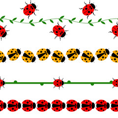 Vector seamless line with insects. Set of elements for design,  borders with ladybugs, branches and leaves, isolated on the white background. © Valentain Jevee
