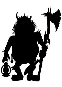 Silhouette Goblin with an axe and a lantern. Illustration silhouette a scary goblin or a troll or another monster