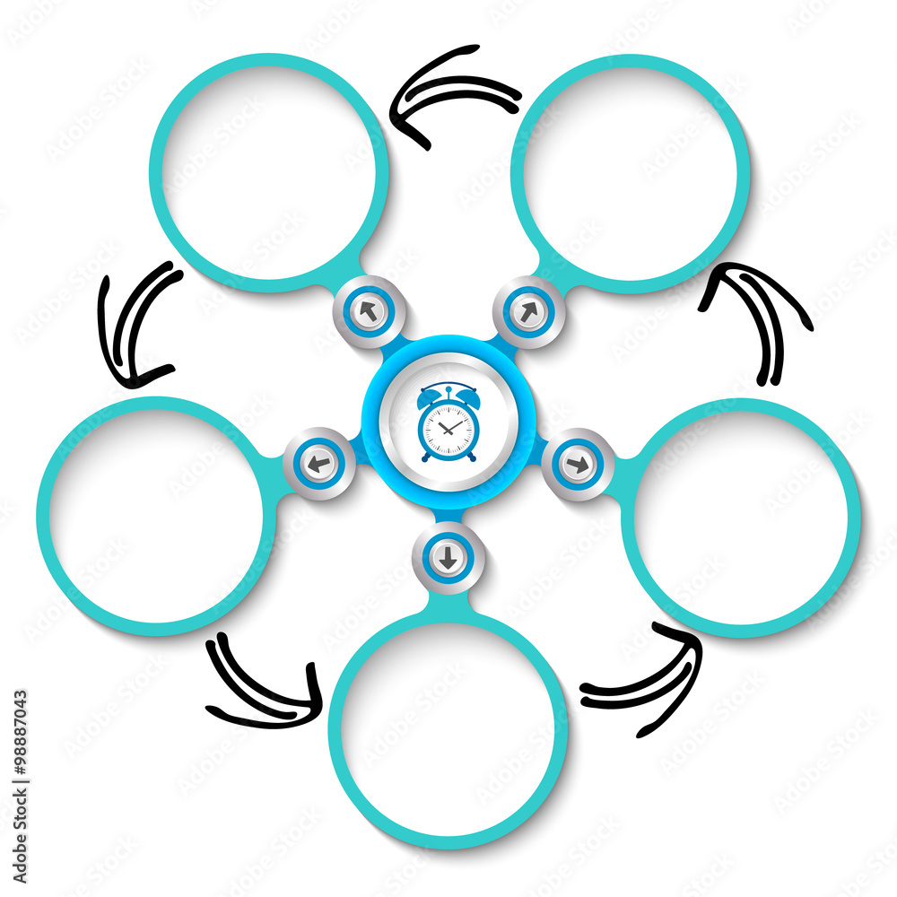 Poster five abstract circular text boxes and alarm clock