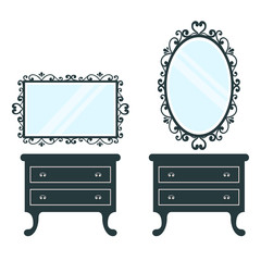 vintage table and square and oval mirror on a white background