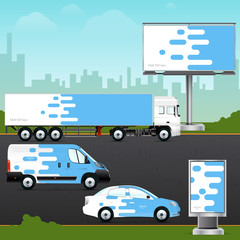 Template vehicle, outdoor advertising or corporate identity. Passenger car, truck, bus, billboard and citylight.
