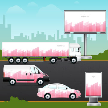 Template vehicle, outdoor advertising or corporate identity. Passenger car, truck, bus, billboard and citylight.