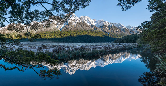Panoramic of Mirror Lakes, New Zealand.