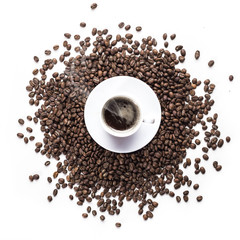 Coffee grains and coffee cup