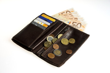 Wallet with credit cards and money. Fifty euros and cents