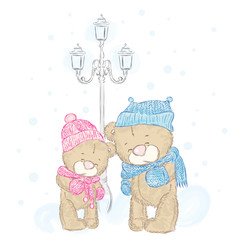 Cute teddy bears on a date . Couple in love. Bears clothing . Card. Valentine .