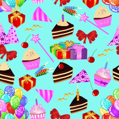 Birthday seamless pattern with cakes, cupcakes, balloons, gifts on blue background. Colourful birthday wallpaper. eps10 vector illustration