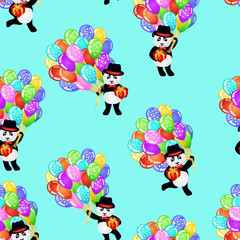 Birthday seamless pattern with panda bear with gift and birthday balloons on blue background. eps10 vector illustration