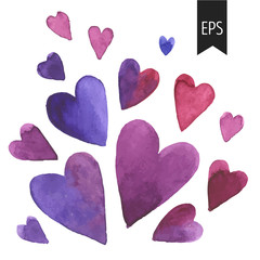 Set of purple watercolor hearts.