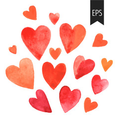 Set of red watercolor hearts.