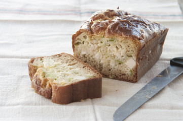 Homemade cake with leek and cheese close up