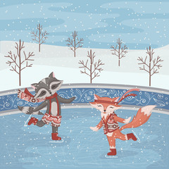 Raccoon and fox at the rink.