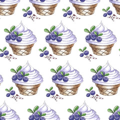 Watercolor Seamless pattern with blueberries ice-cream
