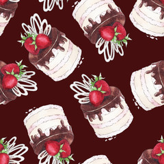 Watercolor Seamless pattern with strawberry cake