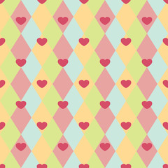 Retro seamless pattern with colorful hearts. Greeting card for Valentines day. Perfect for decoration postcards, brochures, textiles or paper packaging