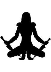 Woman assassin warrior with swords silhouette. Illustration silhouette of fantasy woman assassin warrior with daggers 